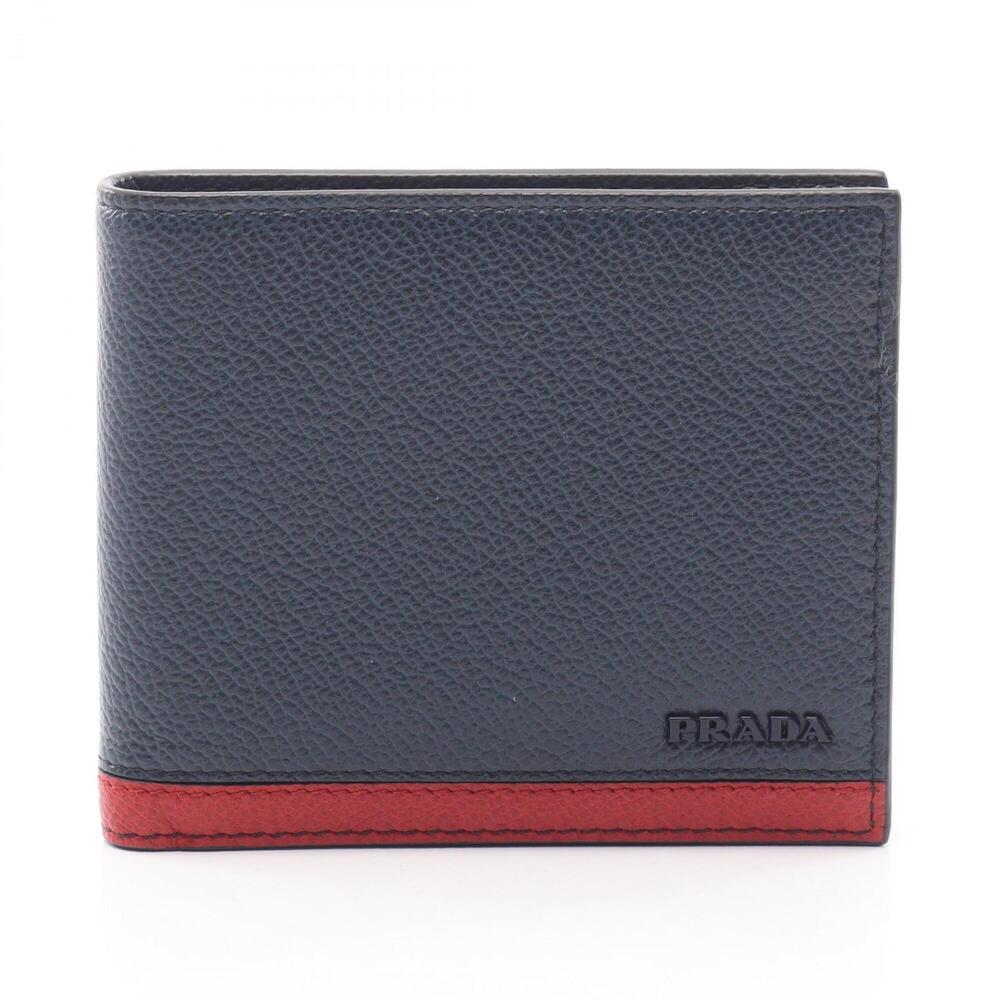 Prada VIT.MICRO GRAIN Bi-fold Wallet, Leather, Men's, Navy/Red, 2M0513